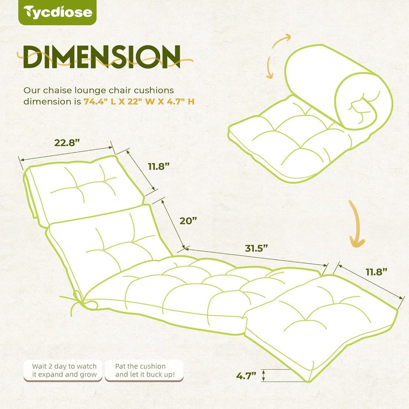 Tycdiose Waterproof Chaise Lounge Chair Cushions Outdoor 74.4 x 22 x 4.7 Inches Thickened Memory Foam Pool Chaise Lounge Chair Cushions Replacement for Outdoor Patio Furniture with Ties, Light Green - Image 2